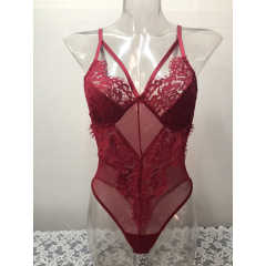 Red Mesh Splicing Lace Bodysuit TQK550277-3