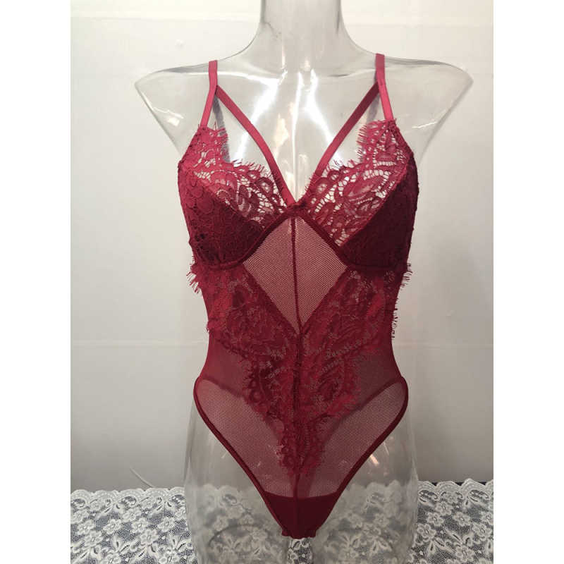 Red Mesh Splicing Lace Bodysuit TQK550277-3