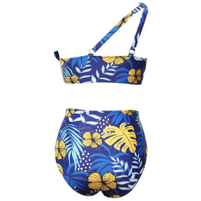 Blue Printed One Shoulder Ruffle Bikini Swimwear TQK610299-5