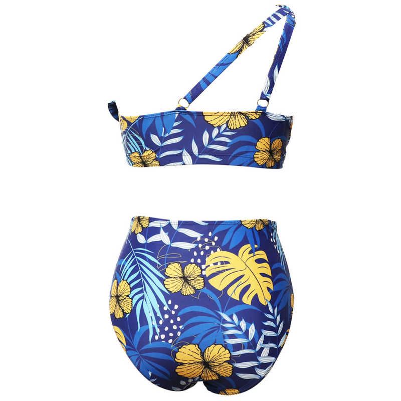 Blue Printed One Shoulder Ruffle Bikini Swimwear TQK610299-5