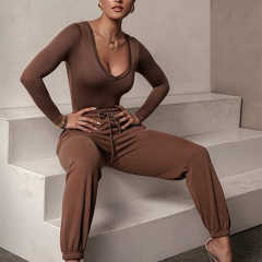Coffee V Neckline Long Sleeve Bodysuit TQK550263-15