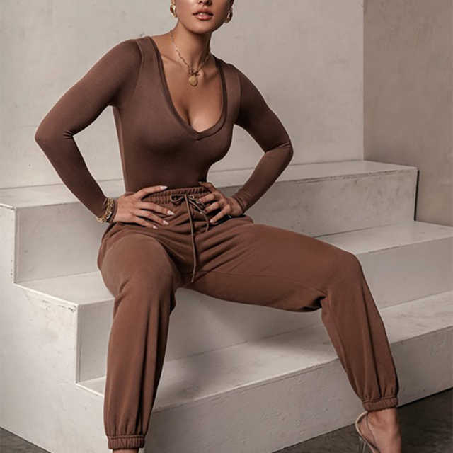 Coffee V Neckline Long Sleeve Bodysuit TQK550263-15