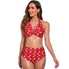 Red Polka Dot Front Twist Halter Bikini Swimsuit TQK610321-3