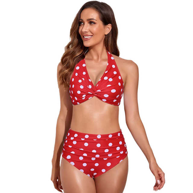 Red Polka Dot Front Twist Halter Bikini Swimsuit TQK610321-3