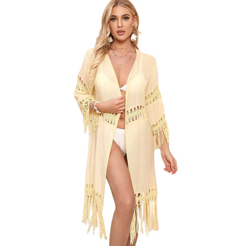 Yellow Solid Crochet Splice Tassel Kimono Beach Cover TQK650118-7