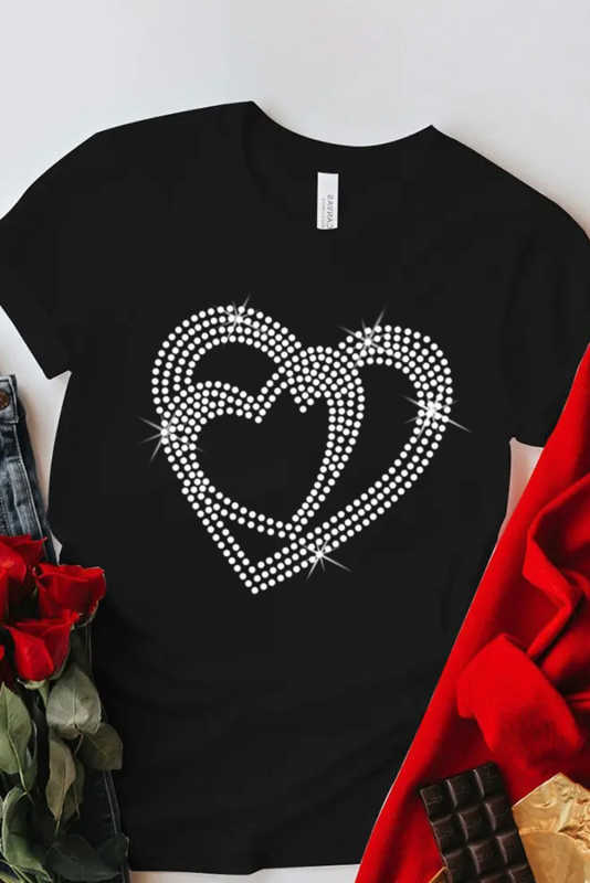 Black Shining Heart Pattern Valentines T Shirt LC25219498-2