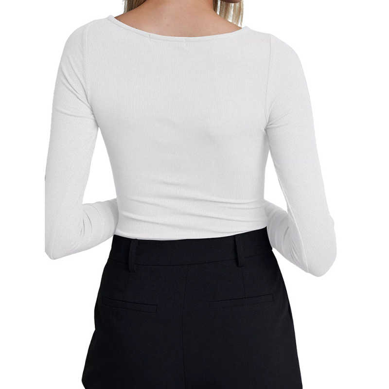 White Ribbed Cut-out Long Sleeve Bodysuit TQV220110-1