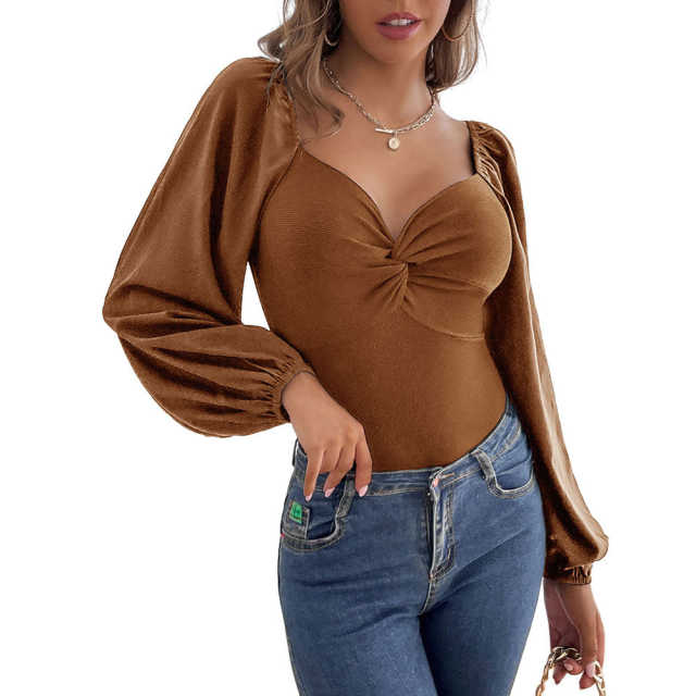 Khaki Twisted Rib V Neck Long Sleeve Bodysuit TQV220138-21