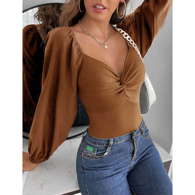 Khaki Twisted Rib V Neck Long Sleeve Bodysuit TQV220138-21