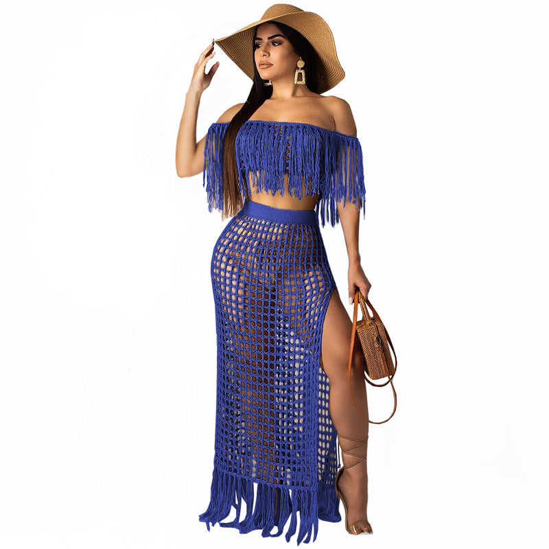 Blue Off Shoulder Crop Top and Maxi Skirt Beach Cover