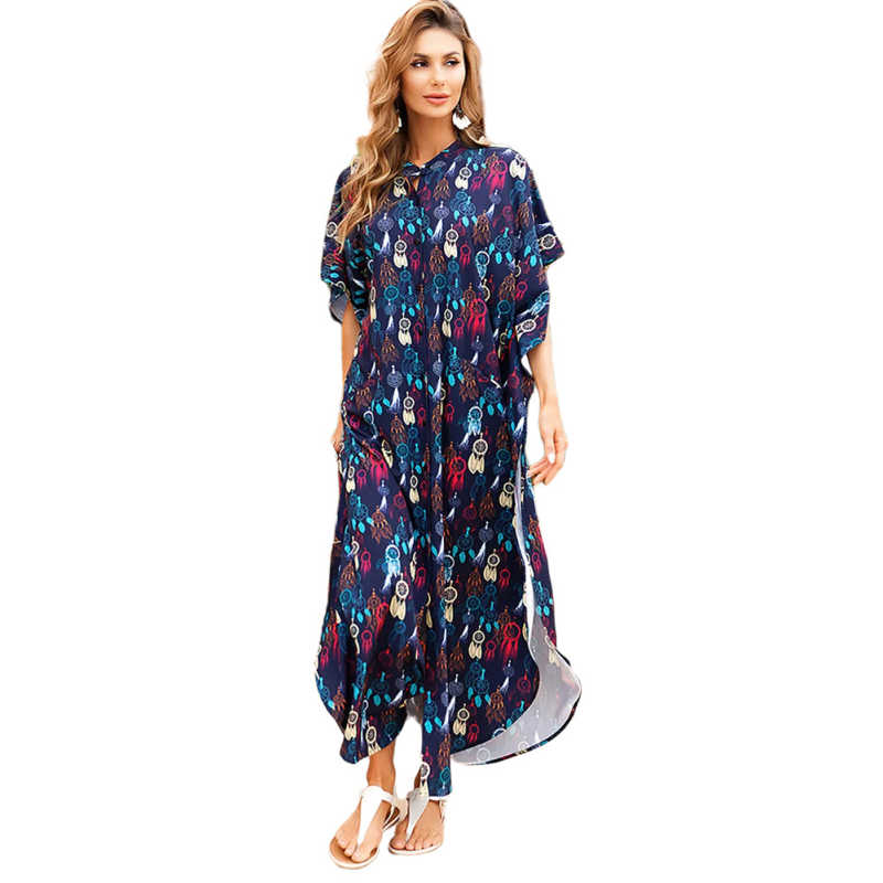 Dark Blue Button-down Holiday Beach Kimono Dress with Pocket TQK650094-16