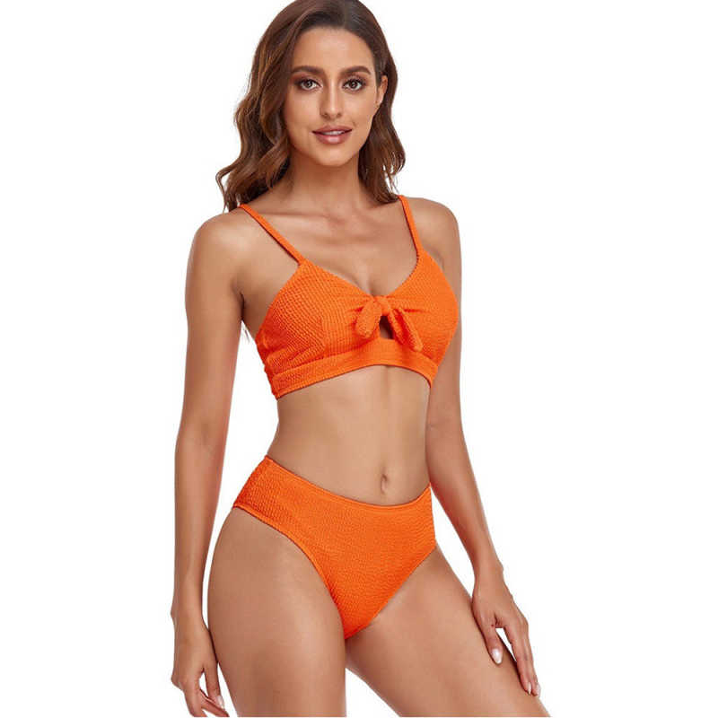 Orange Knot Cut-out Wave Textured Bikini TQK610339-14