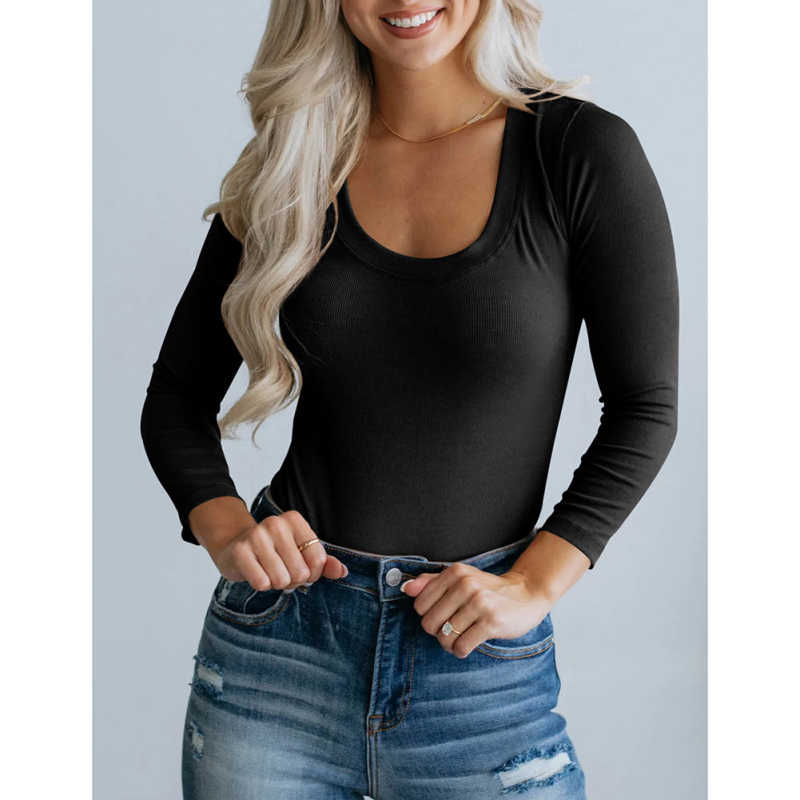 Black U Neck Ribbed Long Sleeve Bodysuit TQV220126-2