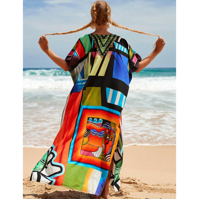 Black Graffiti Loose Beach Kimono Dress TQK650096-11