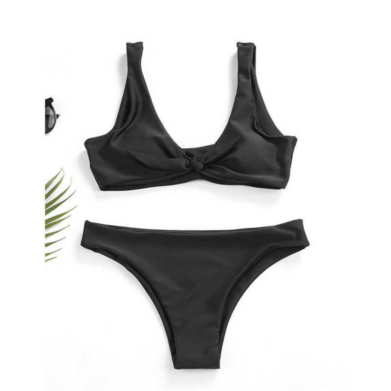 Black Solid Front Tie Bikini Swimwear TQK610307-2
