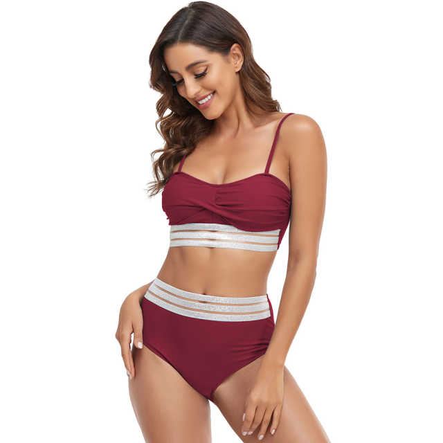 Wine Red Twist Front Splicing 2pcs Bikini Set TQK610271-23