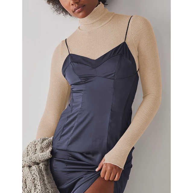 Apricot Ribbed High Collar Long Sleeve Bodysuit TQV220125-18
