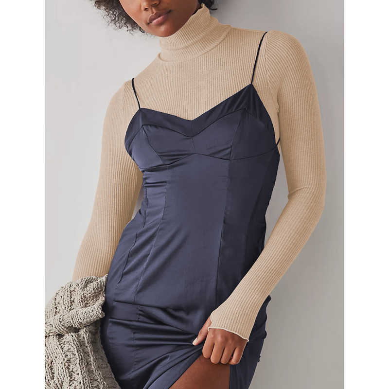 Apricot Ribbed High Collar Long Sleeve Bodysuit TQV220125-18