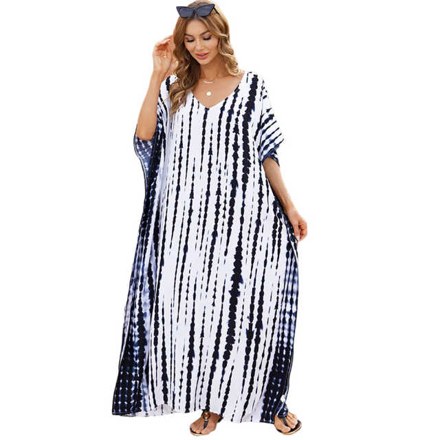 Navy Blue Tie Dye Loose Kimono Beach Cover TQK650092-34