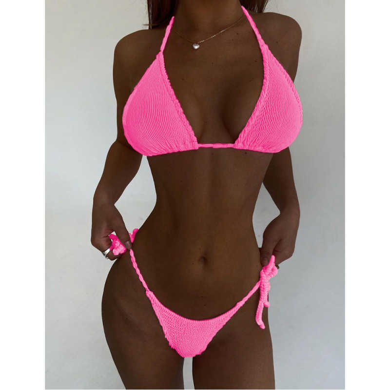 Pink Solid Triangle Bikini Set TQK610265-10