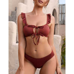 Wine Red Ruffle Detail Lace-up Bikini Set TQX610006-23