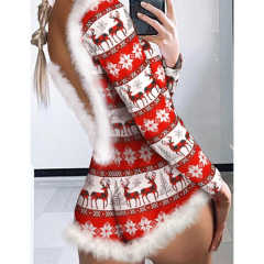 Red Splicing Feathers Back V Neck Christmas Bodysuit TQX551108-3