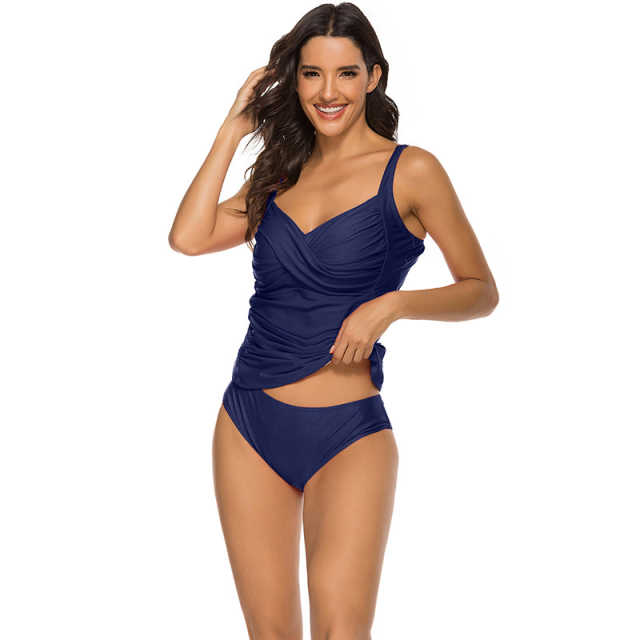 Navy Blue Ruched 2pcs Tankini Swimsuit TQK610159-34