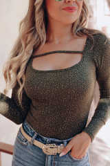 Olive Strappy Hollow-out Scoop Neck Long Sleeve Leopard Bodysuit LC6421125-9