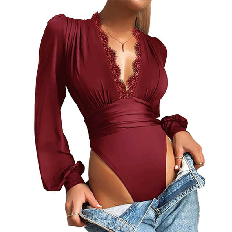 Wine Red Deep V Neck Lace Detail Long Sleeve Bodysuit TQK550271-23