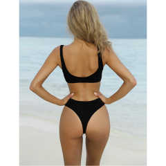 Black Solid Front Tie Bikini Swimwear TQK610307-2