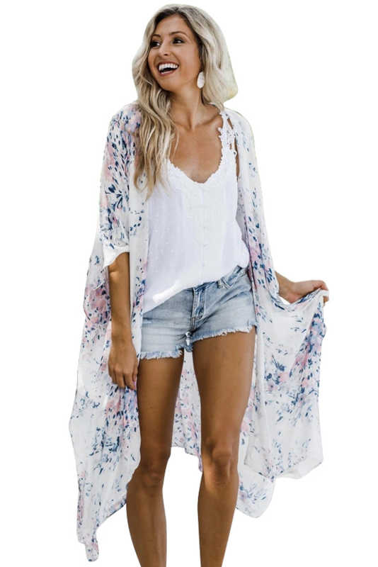 White Floral Kimono Sleeves Chiffon Loose Beach Cover Up LC254327-1