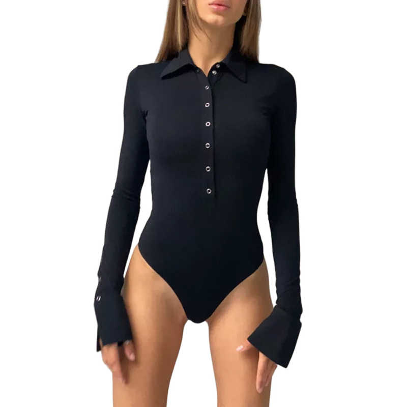Black Button Lapel Collar Long Sleeve Bodysuit TQV220148-2