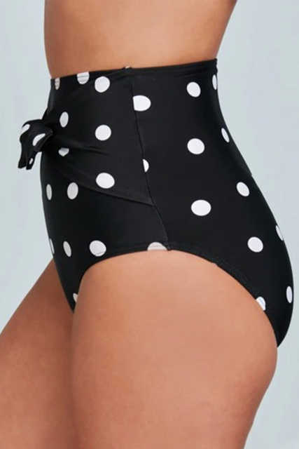 Black Polka Dot Print Front Tie High Waist Bikini Bottoms LC472107-2