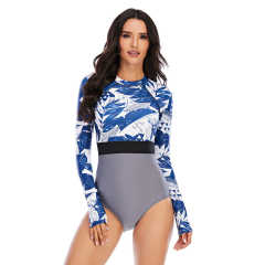 Blue Leaf Print Long Sleeve Surfing Swimsuit TQK620107-5