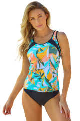 Sky Blue Palm Leaves Print Sleeveless Tankini Swimsuit LC415356-204