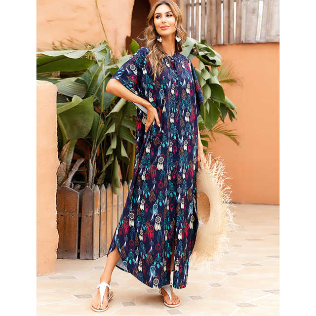 Dark Blue Button-down Holiday Beach Kimono Dress with Pocket TQK650094-16
