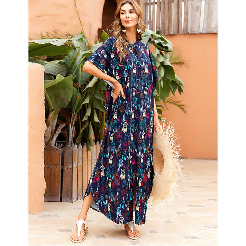Dark Blue Button-down Holiday Beach Kimono Dress with Pocket TQK650094-16