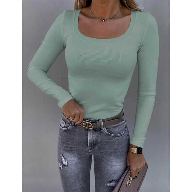 Greyish Green U Neck Ribbed Long Sleeve Bodysuit TQV220126-50