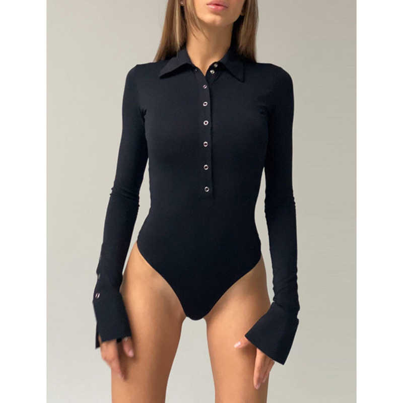 Black Button Lapel Collar Long Sleeve Bodysuit TQV220148-2