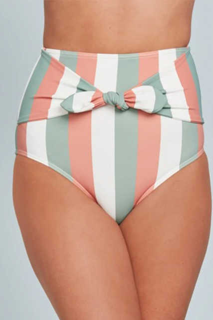 Multicolor Stripes Print Front Tie High Waist Bikini Bottoms LC472107-19