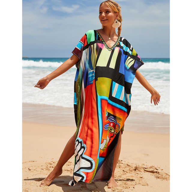 Black Graffiti Loose Beach Kimono Dress TQK650096-11