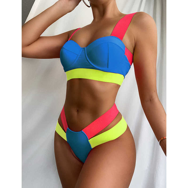 Blue Contrast Steel Boned Bandage Bikini Set TQF610001-5