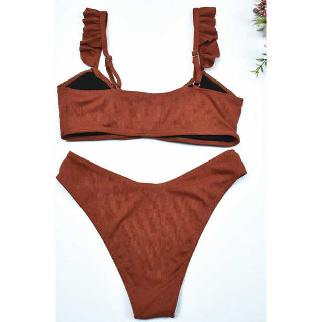 Wine Red Ruffle Detail Lace-up Bikini Set TQX610006-23
