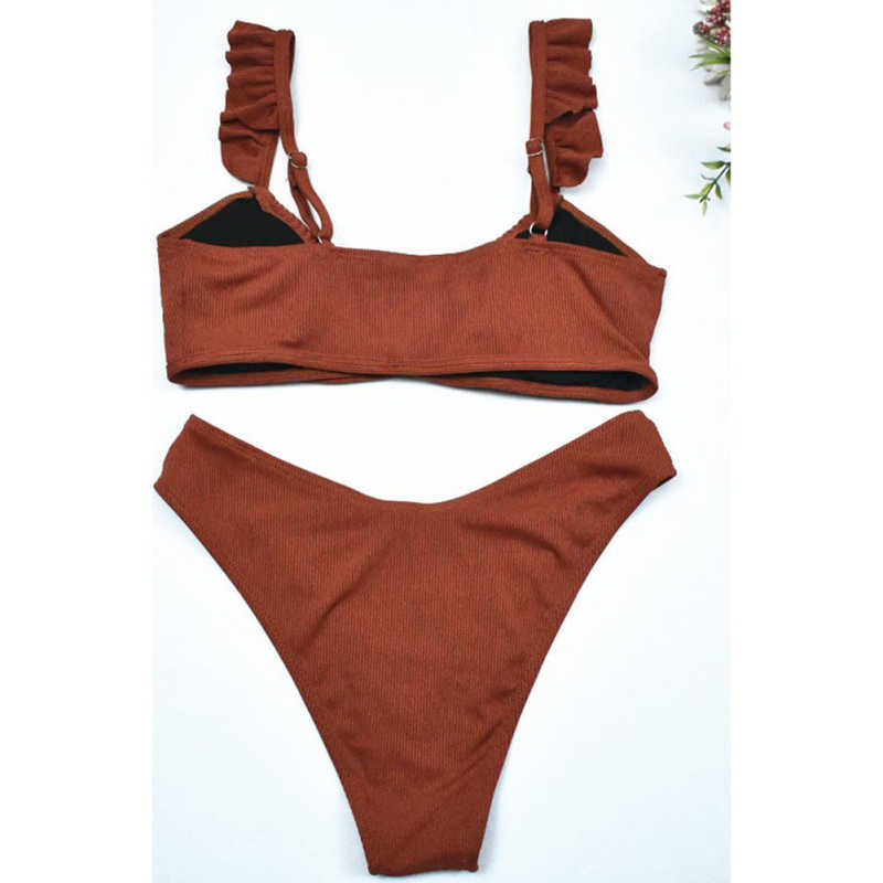Wine Red Ruffle Detail Lace-up Bikini Set TQX610006-23