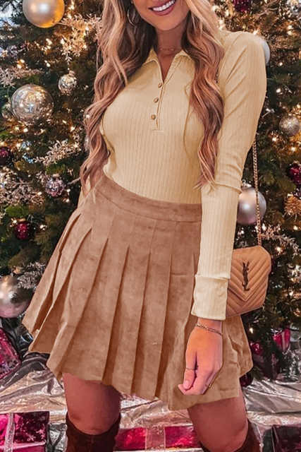 Apricot Collared Ribbed Long Sleeve Bodysuit LC6421209-18