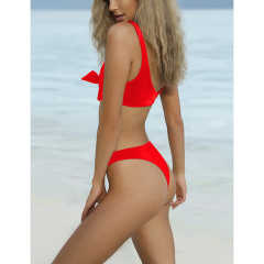 Red Solid Front Tie Bikini Swimwear TQK610307-3