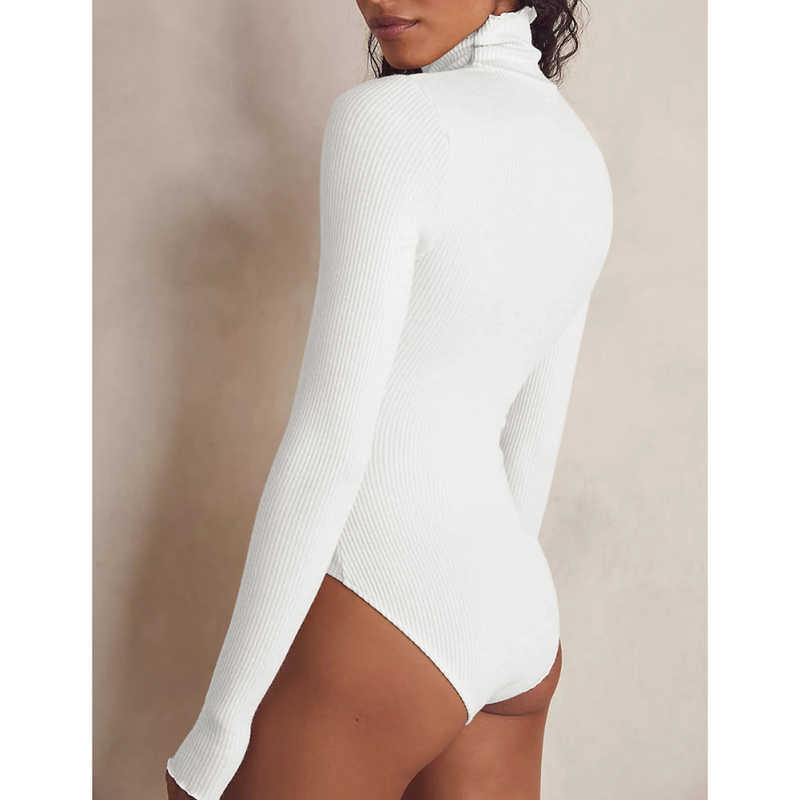 White Ribbed High Collar Long Sleeve Bodysuit TQV220125-1