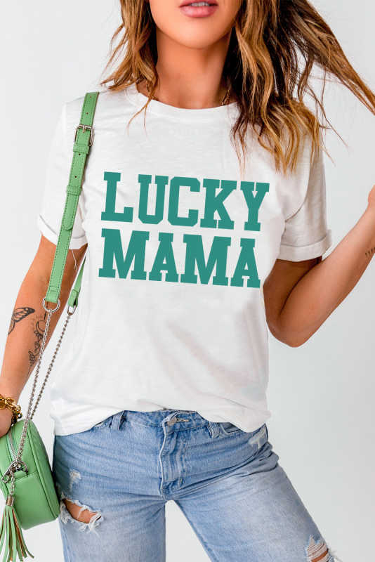 White LUCKY MAMA Letters Print Tee LC25219698-1