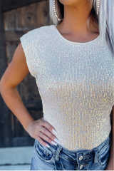 Crew Neck Sleeveless Sequin Bodysuit LC32910-1