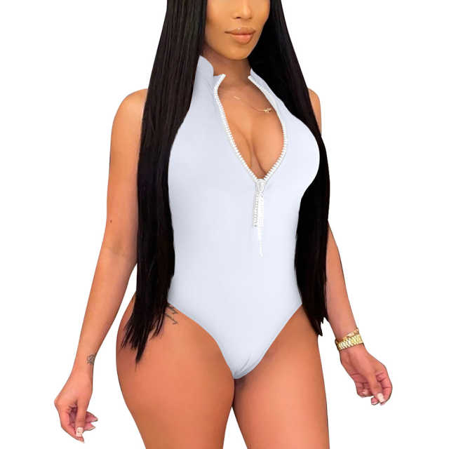White Diamond Tassel Zipper Sleeveless Bodysuit TQV250001-1